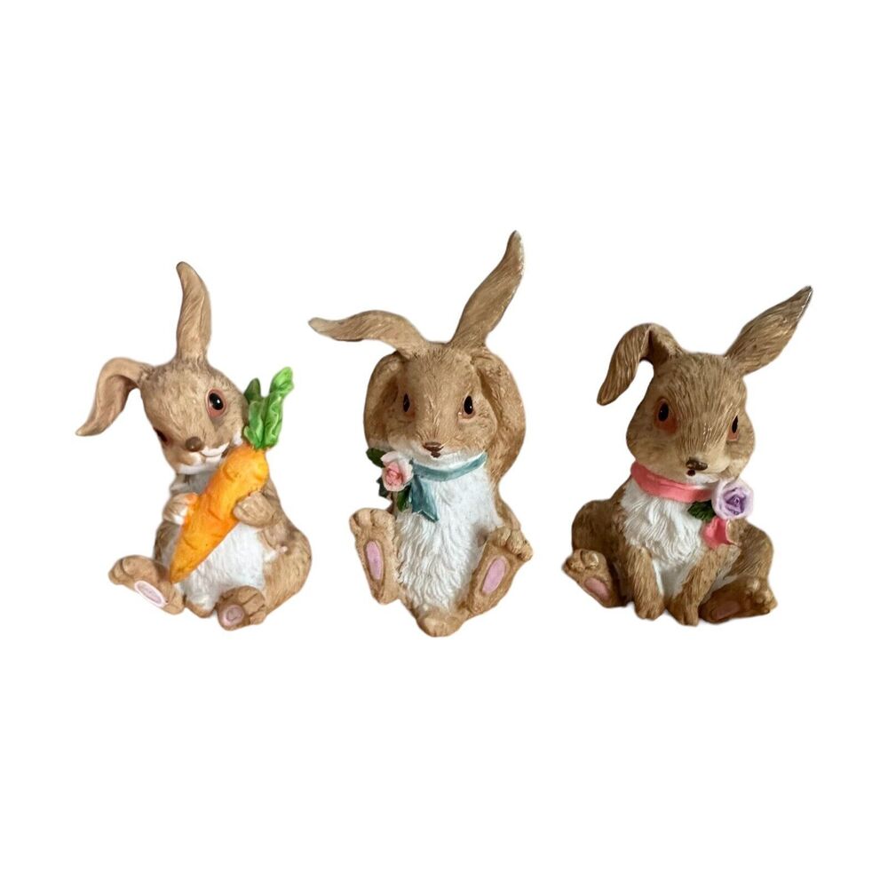 3 Easter Bunny Home Decorations Brown Rabbit Family Figurines Carrot Cute Ears